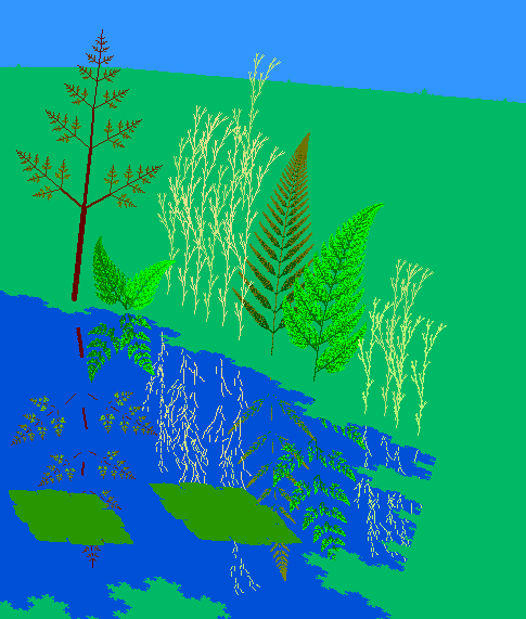 Scenery, including pond, lilly pads, ferns and grasses 
					  drawn using fractal plots